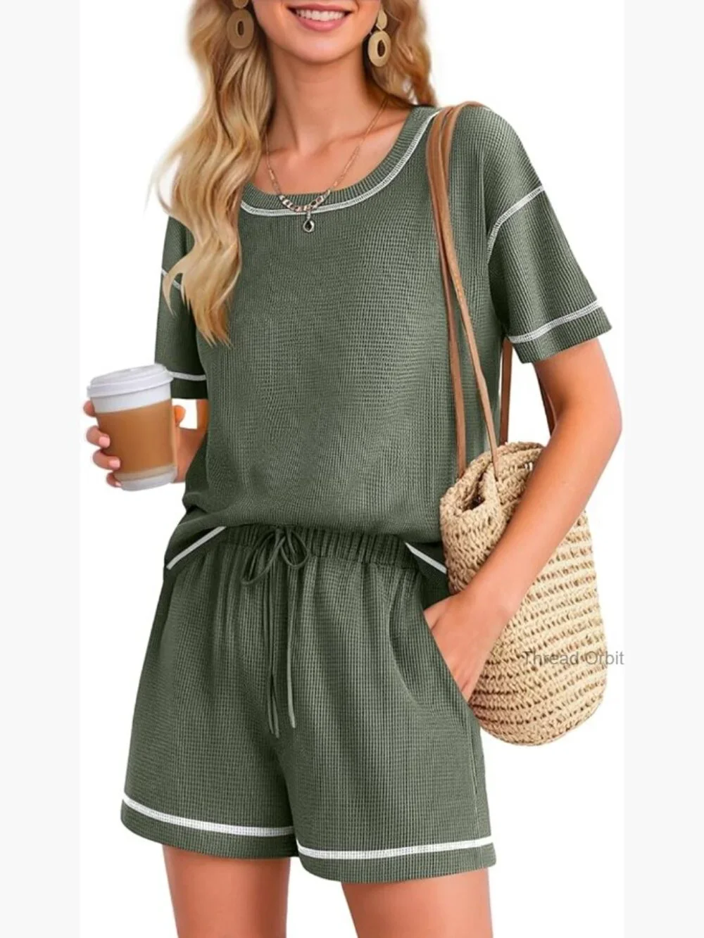 Waffle Knit Two Piece Lounge Set, Soft Matching Outfits with Pockets